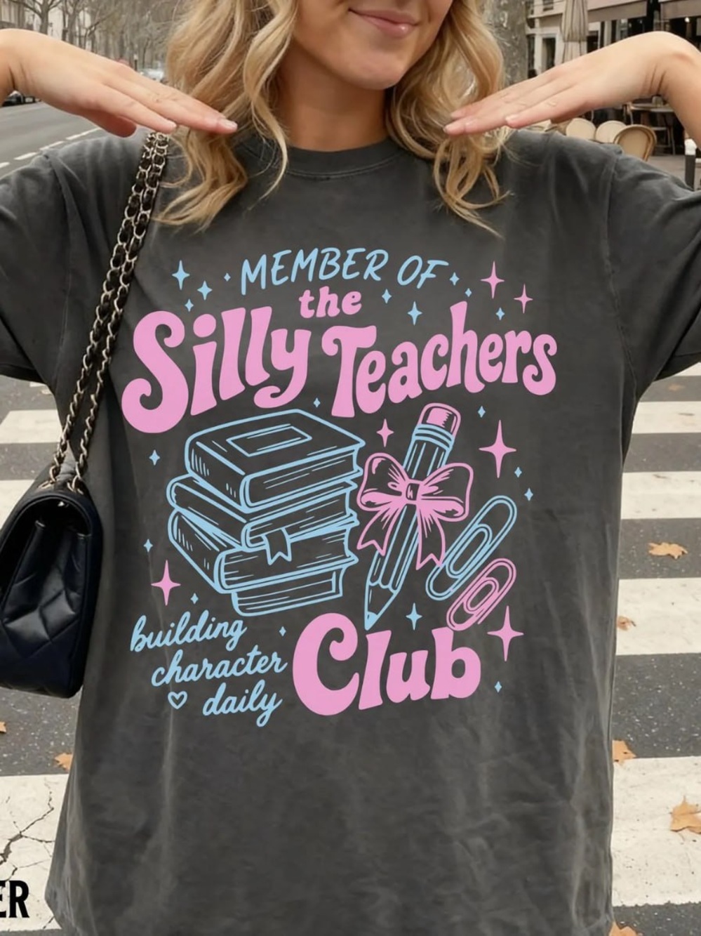 Silly Teachers Club Graphic Tee - Pink & Light Blue on Pepper